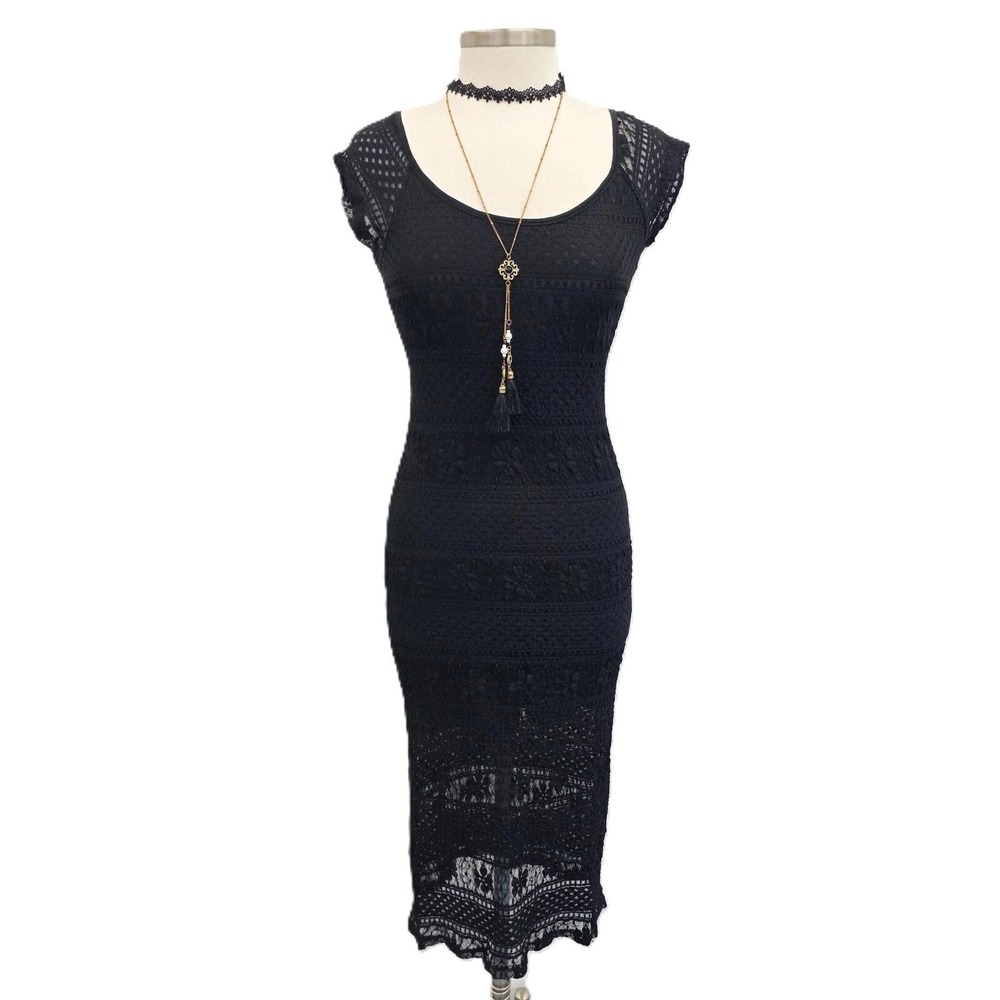Lucca Couture‎ Womens M Black Gothic Crochet Lace Bodycon Midi Dress Cap Sleeve